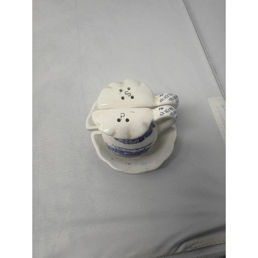 Vintage Blue White Salt & Pepper wash bowl Shakers Ironstone Transferware stacke
